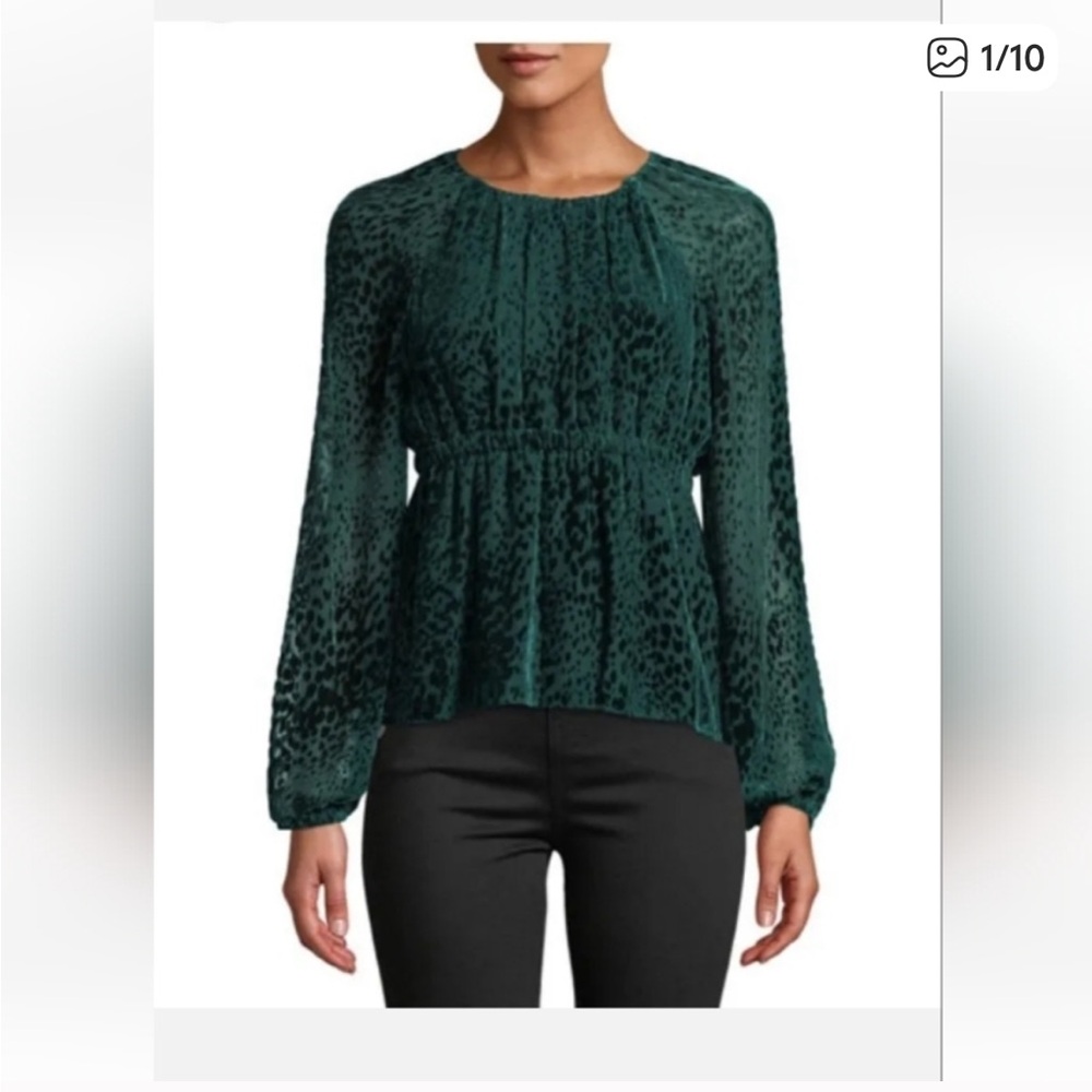 A.L.C. Karen Spotted Green Burnout Velvet Long-Sleeve Top Size 14